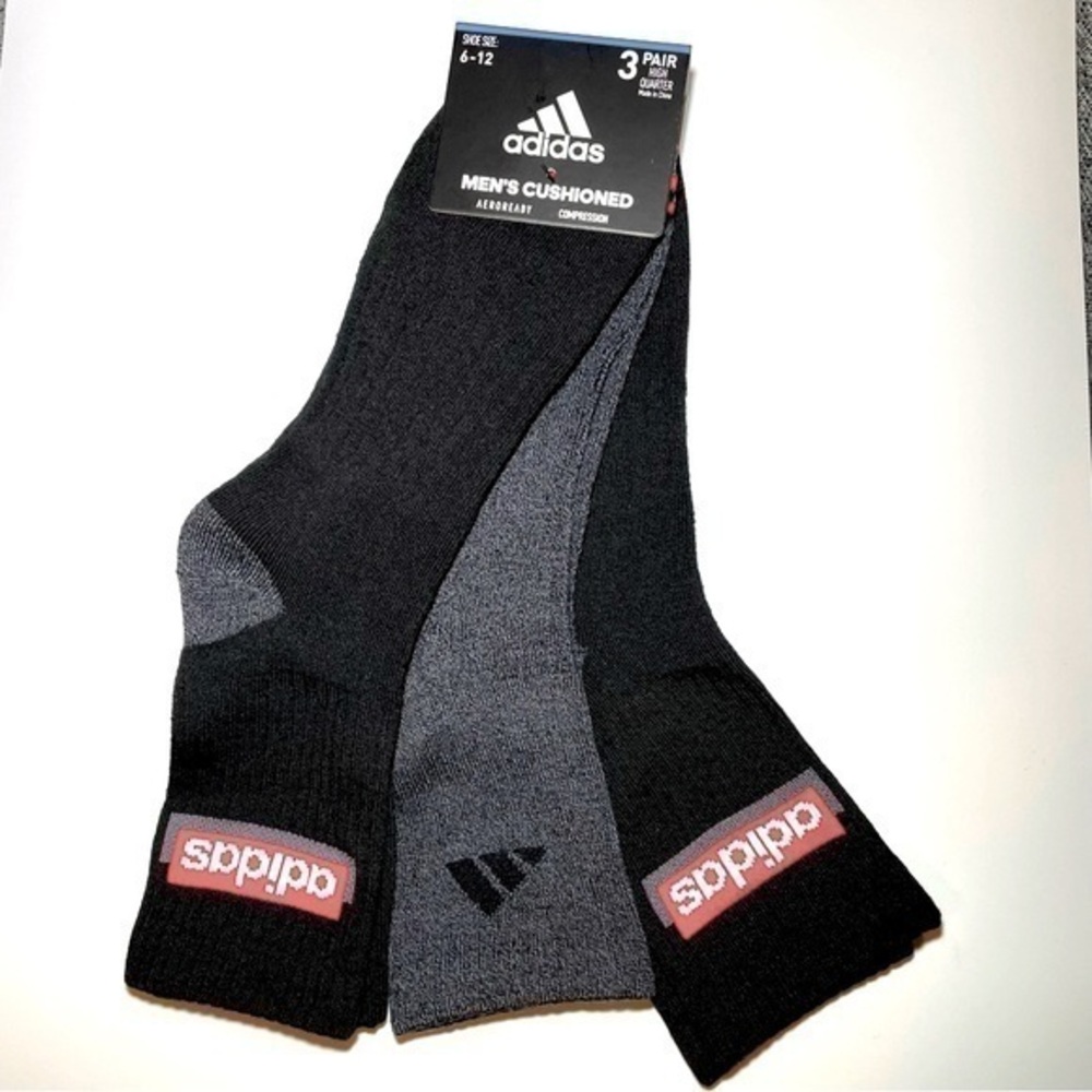 Adidas men’s high quarter socks 3 pairs size 6-12 black gray white red